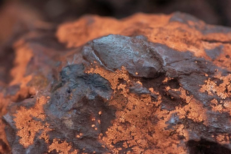 Close de uma rocha de minério de ferro, com textura terrosa e estruturas minerais visíveis.