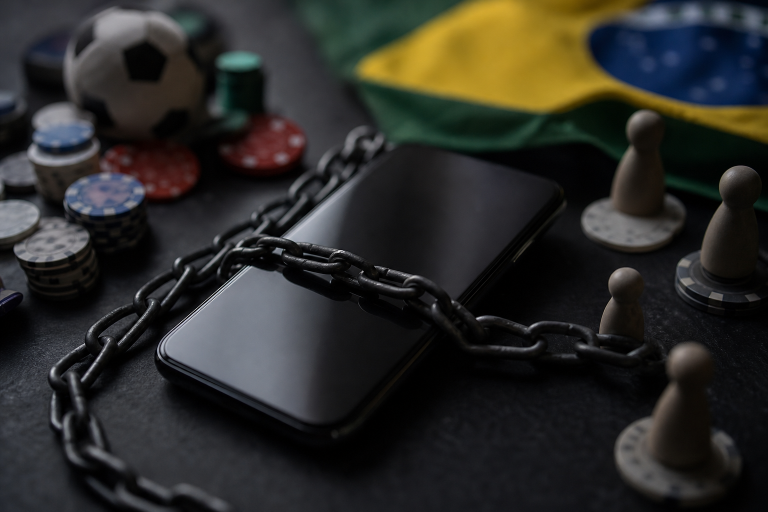 Celular sobre mesa com elementos abstratos de bloqueio digital e apostas, sem textos, números, letras ou logotipos legíveis
