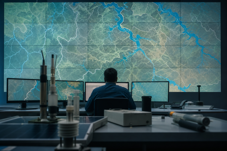 ANA cria política de inovação para ampliar uso de dados e tecnologia na gestão das águas Central de monitoramento hidrológico com mapas de rios e equipamentos de análise de dados